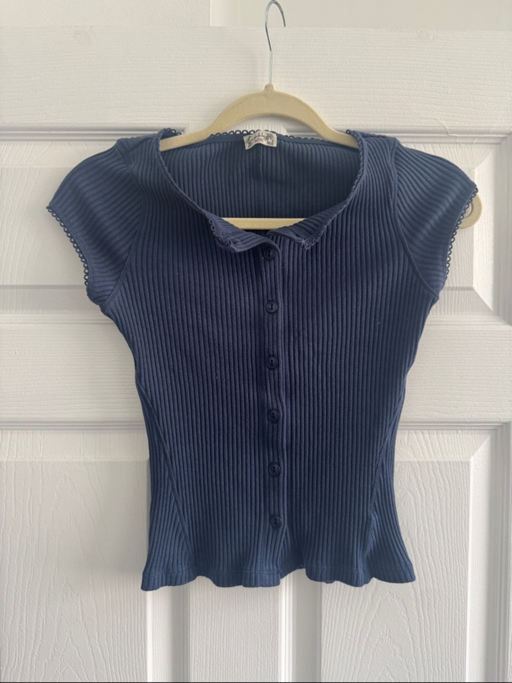 Free People Ribbed Button-Front Cap Sleeve Top - Navy